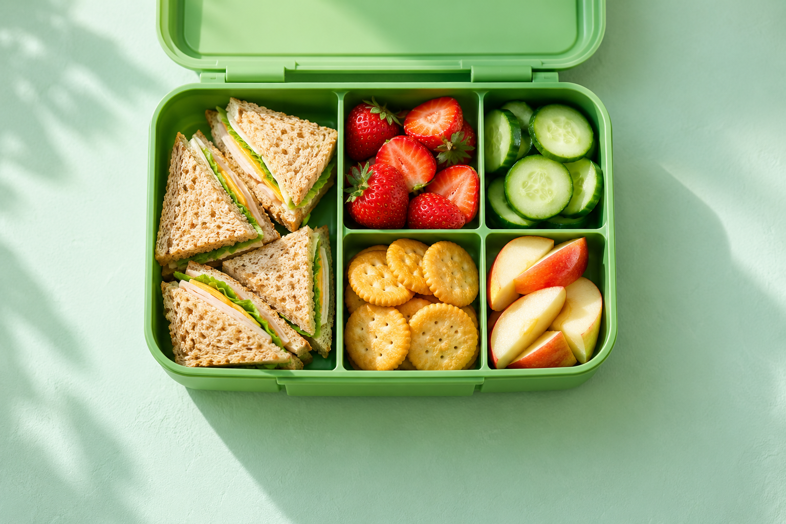 A packed school lunch with sandwich triangles, strawberries, cucumber and crackers in a green bento box